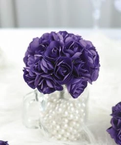 HIER_5120 144 Purple Paper Mini Craft Flower Roses, DIY Flower Bushes With Wire Stems Mini Craft Florals