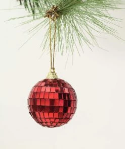 HIER_3300 6 PCS | 2" Red Glass Disco Mirror Ball Christmas Ornaments With Hanging String - Clearance SALE Chargers & Centerpieces