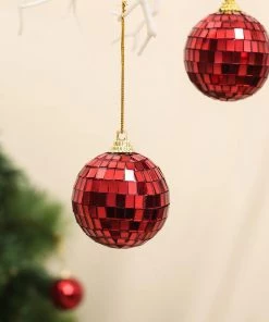 HIER_3300 6 PCS | 2" Red Glass Disco Mirror Ball Christmas Ornaments With Hanging String - Clearance SALE Chargers & Centerpieces