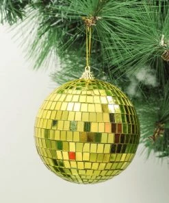 HIER_3300 4 Pcs | 4" Gold Glass Disco Mirror Ball With Hanging String | Christmas Ornaments