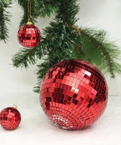 HIER_3300 Chargers & Centerpieces 4 PCS | 4" Red Glass Disco Mirror Ball Christmas Ornaments With Hanging String - Clearance SALE