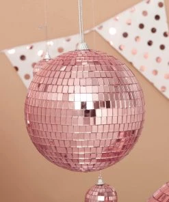 HIER_3300 4 Pcs | 6" Rose Gold Mirror Glass Disco Ball With Hanging String | Christmas Ornaments Chargers & Centerpieces