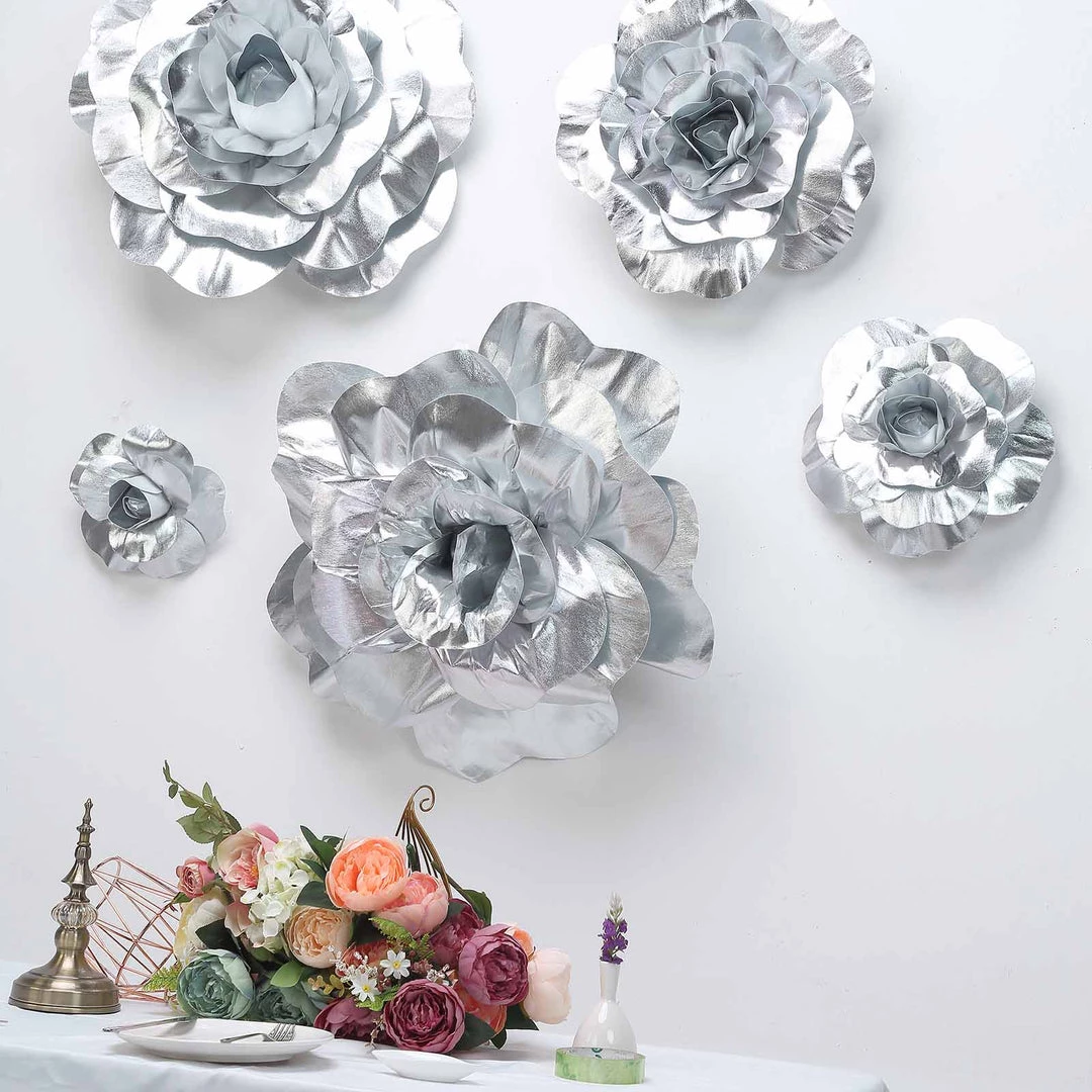 HIER_3400 Chargers & Centerpieces 4 Pack 16" Large Silver Real Touch Artificial Foam Craft Roses 2 HIER_3400 Chargers & Centerpieces 4 Pack 16" Large Silver Real Touch Artificial Foam Craft Roses