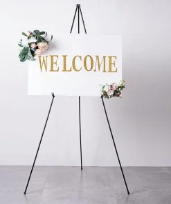 HIER_3630 65" Black Metal Easel Stand, Collapsible Tripod Stand, Sign Holder For Presentations Chargers & Centerpieces