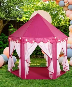 HIER_3620 Big Event Backdrops & Décor 4.5Ft Pink Princess Castle Play House Tent With Star LED Garlands & Carry Bag