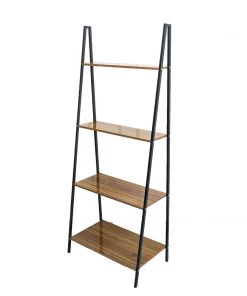 HIER_1731 4 -Tier Ladder Shelf Metal Frame Rustic Wooden Leaning Bookshelf Rack