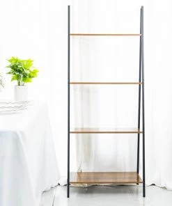 HIER_1731 4 -Tier Ladder Shelf Metal Frame Rustic Wooden Leaning Bookshelf Rack