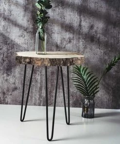 HIER_3620 Theme Décor 18" Live Edge Rustic Wooden End Table, Boho Chic 3 Leg Side Table - Round Wood Top With Metal Legs