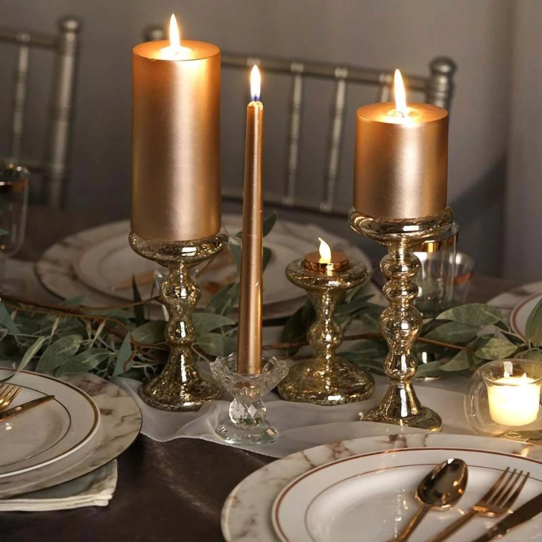 HIER_4320 Set Of 3 | Antique Gold Reversible Mercury Glass Candle Holders | Pillar Candle Holders | Candlestick - 5" | 6" | 8" Chargers & Centerpieces 7 HIER_4320 Set Of 3 | Antique Gold Reversible Mercury Glass Candle Holders | Pillar Candle Holders | Candlestick - 5" | 6" | 8" Chargers & Centerpieces