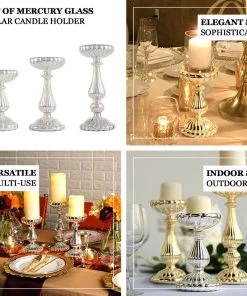 HIER_4320 Chargers & Centerpieces Set Of 3 | Mercury Glass Silver Pillar Candle Holders | Taper Candle Holders - 7