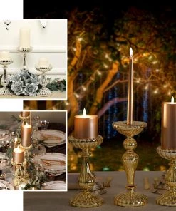 HIER_4320 Chargers & Centerpieces Set Of 3 | Mercury Glass Silver Pillar Candle Holders | Taper Candle Holders - 7