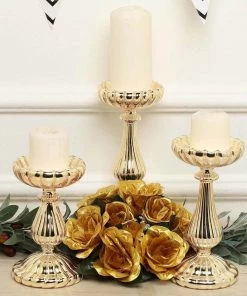 HIER_4320 Chargers & Centerpieces Set Of 3 | Mercury Glass Gold Pillar Candle Holders | Taper Candle Holders - 7" | 8" | 10"