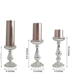 HIER_4320 Chargers & Centerpieces Set Of 3 | Mercury Glass Silver Pillar Candle Holders | Taper Candle Holders - 7