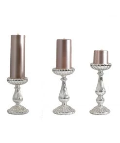 HIER_4320 Chargers & Centerpieces Set Of 3 | Mercury Glass Silver Pillar Candle Holders | Taper Candle Holders - 7