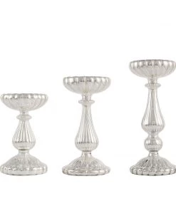 HIER_4320 Chargers & Centerpieces Set Of 3 | Mercury Glass Silver Pillar Candle Holders | Taper Candle Holders - 7
