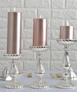 HIER_4320 Chargers & Centerpieces Set Of 3 | Mercury Glass Silver Pillar Candle Holders | Taper Candle Holders - 7
