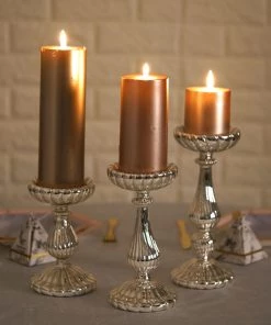 HIER_4320 Chargers & Centerpieces Set Of 3 | Mercury Glass Silver Pillar Candle Holders | Taper Candle Holders - 7" | 8" | 10"