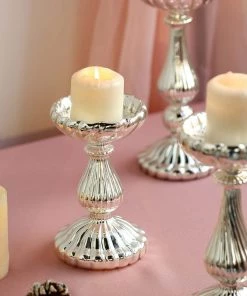 HIER_4320 Chargers & Centerpieces Set Of 3 | Mercury Glass Silver Pillar Candle Holders | Taper Candle Holders - 7