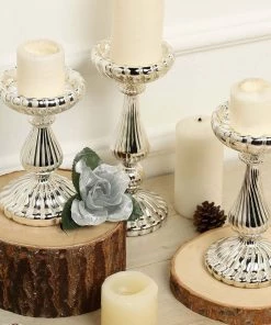 HIER_4320 Chargers & Centerpieces Set Of 3 | Mercury Glass Silver Pillar Candle Holders | Taper Candle Holders - 7
