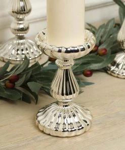 HIER_4320 Chargers & Centerpieces Set Of 3 | Mercury Glass Silver Pillar Candle Holders | Taper Candle Holders - 7