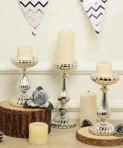HIER_4320 Chargers & Centerpieces Set Of 3 | Mercury Glass Silver Pillar Candle Holders | Taper Candle Holders - 7