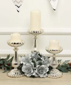 HIER_4320 Chargers & Centerpieces Set Of 3 | Mercury Glass Silver Pillar Candle Holders | Taper Candle Holders - 7" | 8" | 10"