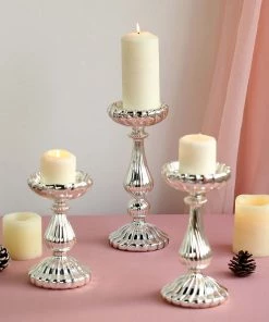 HIER_4320 Chargers & Centerpieces Set Of 3 | Mercury Glass Silver Pillar Candle Holders | Taper Candle Holders - 7