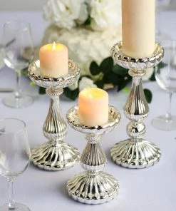 HIER_4320 Chargers & Centerpieces Set Of 3 | Mercury Glass Silver Pillar Candle Holders | Taper Candle Holders - 7