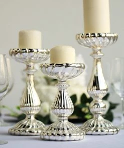 HIER_4320 Chargers & Centerpieces Set Of 3 | Mercury Glass Silver Pillar Candle Holders | Taper Candle Holders - 7