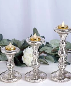 HIER_4320 Set Of 3 | Antique Gold Reversible Mercury Glass Candle Holders | Pillar Candle Holders | Candlestick - 5" | 6" | 8" Chargers & Centerpieces