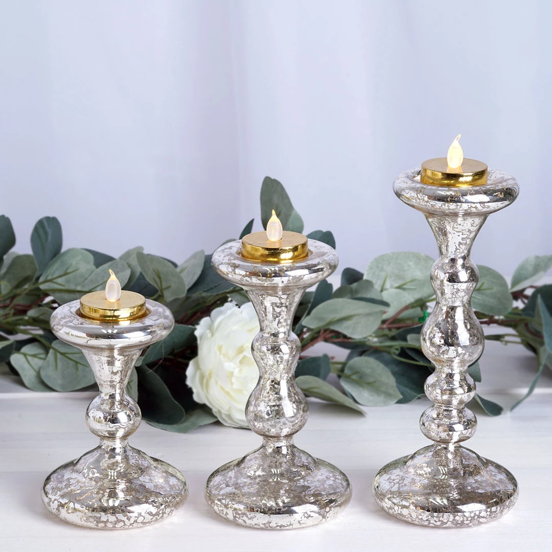HIER_4320 Set Of 3 | Antique Gold Reversible Mercury Glass Candle Holders | Pillar Candle Holders | Candlestick - 5" | 6" | 8" Chargers & Centerpieces 2 HIER_4320 Set Of 3 | Antique Gold Reversible Mercury Glass Candle Holders | Pillar Candle Holders | Candlestick - 5" | 6" | 8" Chargers & Centerpieces