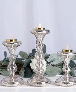 HIER_4320 Set Of 3 | Antique Gold Reversible Mercury Glass Candle Holders | Pillar Candle Holders | Candlestick - 5" | 6" | 8" Chargers & Centerpieces