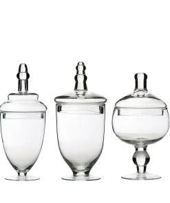 HIER_4610 Chargers & Centerpieces Set Of 3 Apothecary Glass Candy Jars With Lids - 9"/10"/11"