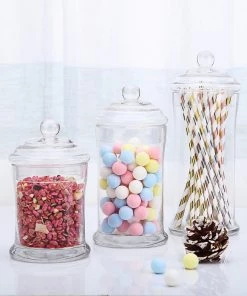 HIER_4610 Set Of 3 Apothecary Glass Candy Jars With Lids - 7"/9"/10"