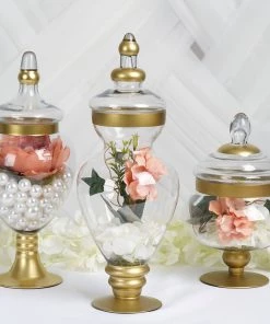 HIER_4610 Chargers & Centerpieces Set Of 3 Gold Trimmed Glass Apothecary Candy Jars With Lids -10"/14"/16"