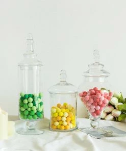HIER_4610 Set Of 3 Apothecary Glass Candy Jars With Lids - 9"/13"/14" Chargers & Centerpieces