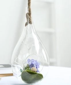 HIER_3300 15" Teardrop Hanging Glass Terrarium With Rope | Hanging Succulent Planter Glass & Metal Floral Vases