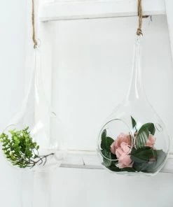 HIER_3300 2 Pack | 12" Teardrop Hanging Glass Terrarium With Rope | Hanging Succulent Planter