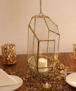 HIER_4810 Chargers & Centerpieces 10" Heptagon Prism Gold Metal Geometric Glass Terrarium, Multipurpose Air Plants Holder