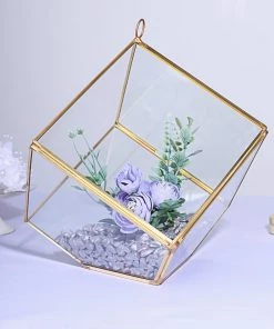 HIER_4810 9" Heptahedron Hanging Gold Metal Geometric Glass Terrarium, Multipurpose Air Plants Holder
