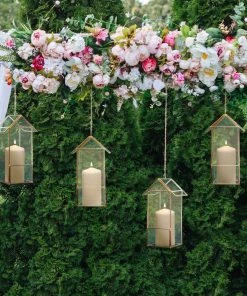 HIER_4810 11" House Lantern Hanging Gold Metal Geometric Glass Terrarium, Multipurpose Air Plants Holder Chargers & Centerpieces