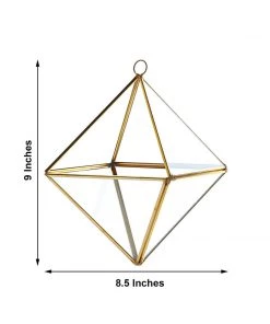HIER_4810 9" Diamond Prism Hanging Gold Metal Geometric Glass Terrarium, Multipurpose Air Plants Holder 17 HIER_4810 9