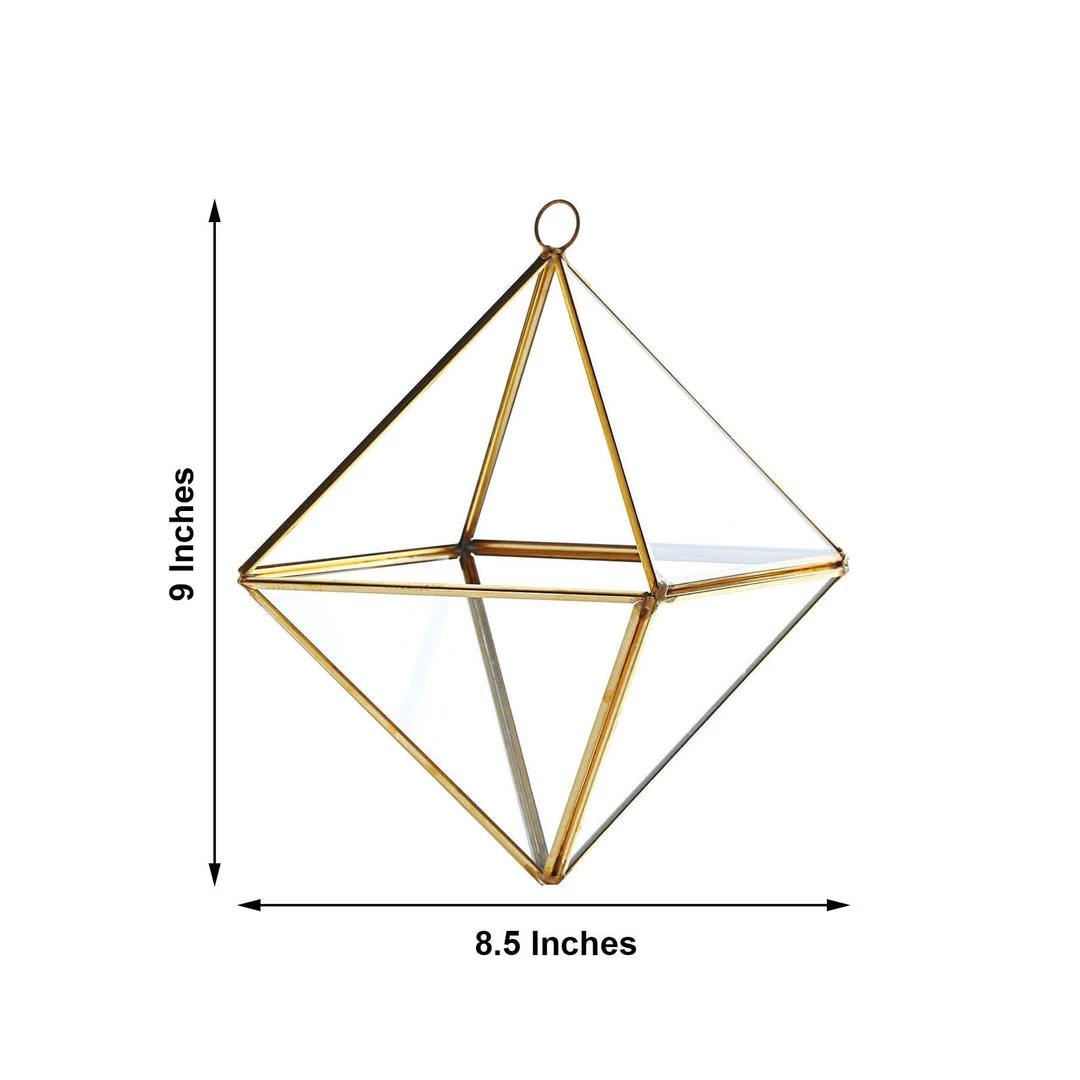 HIER_4810 9" Diamond Prism Hanging Gold Metal Geometric Glass Terrarium, Multipurpose Air Plants Holder 3 HIER_4810 9" Diamond Prism Hanging Gold Metal Geometric Glass Terrarium, Multipurpose Air Plants Holder