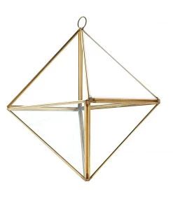 HIER_4810 9" Diamond Prism Hanging Gold Metal Geometric Glass Terrarium, Multipurpose Air Plants Holder 29 HIER_4810 9