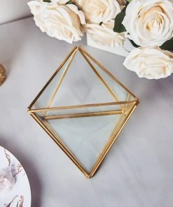 HIER_4810 9" Diamond Prism Hanging Gold Metal Geometric Glass Terrarium, Multipurpose Air Plants Holder 27 HIER_4810 9