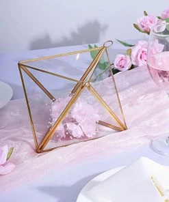 HIER_4810 9" Diamond Prism Hanging Gold Metal Geometric Glass Terrarium, Multipurpose Air Plants Holder 22 HIER_4810 9