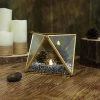 HIER_4810 9" Diamond Prism Hanging Gold Metal Geometric Glass Terrarium, Multipurpose Air Plants Holder