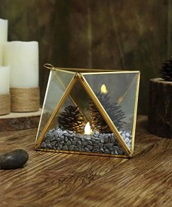HIER_4810 9" Diamond Prism Hanging Gold Metal Geometric Glass Terrarium, Multipurpose Air Plants Holder