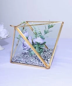 HIER_4810 9" Diamond Prism Hanging Gold Metal Geometric Glass Terrarium, Multipurpose Air Plants Holder 25 HIER_4810 9