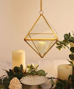 HIER_4810 9" Diamond Prism Hanging Gold Metal Geometric Glass Terrarium, Multipurpose Air Plants Holder
